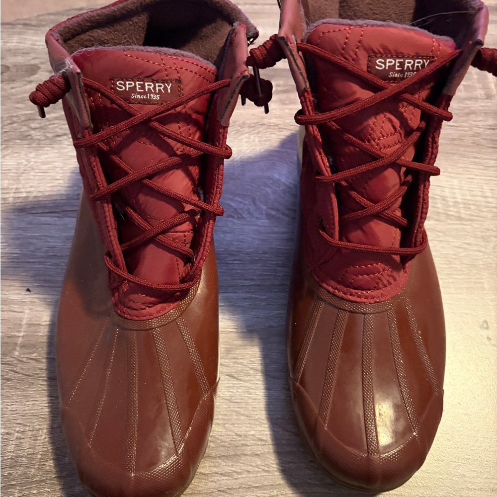 Sperry Two-Tone Burgundy and Brown Waterproof Duck Boots